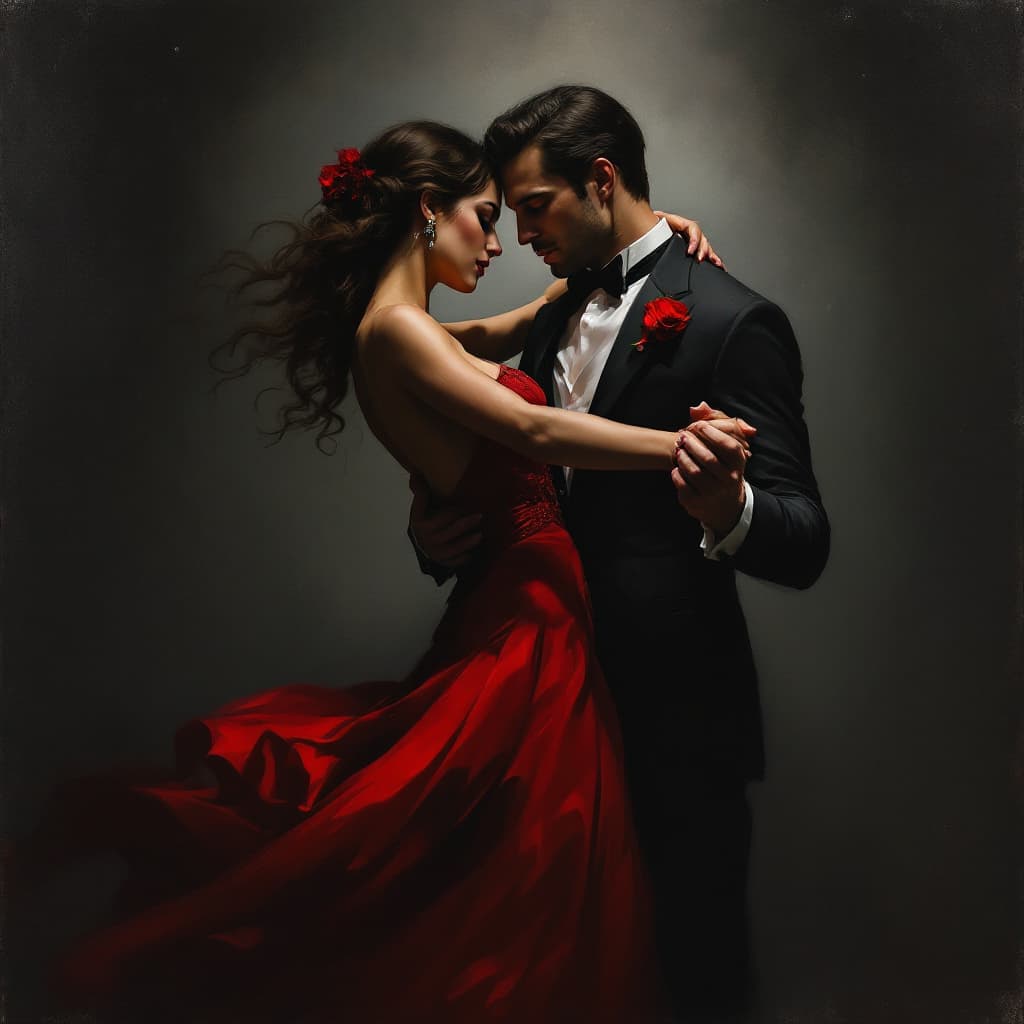 AI generated: An oil painting man and woman are dancing the tango, both dressed in formal attire with the woman we...