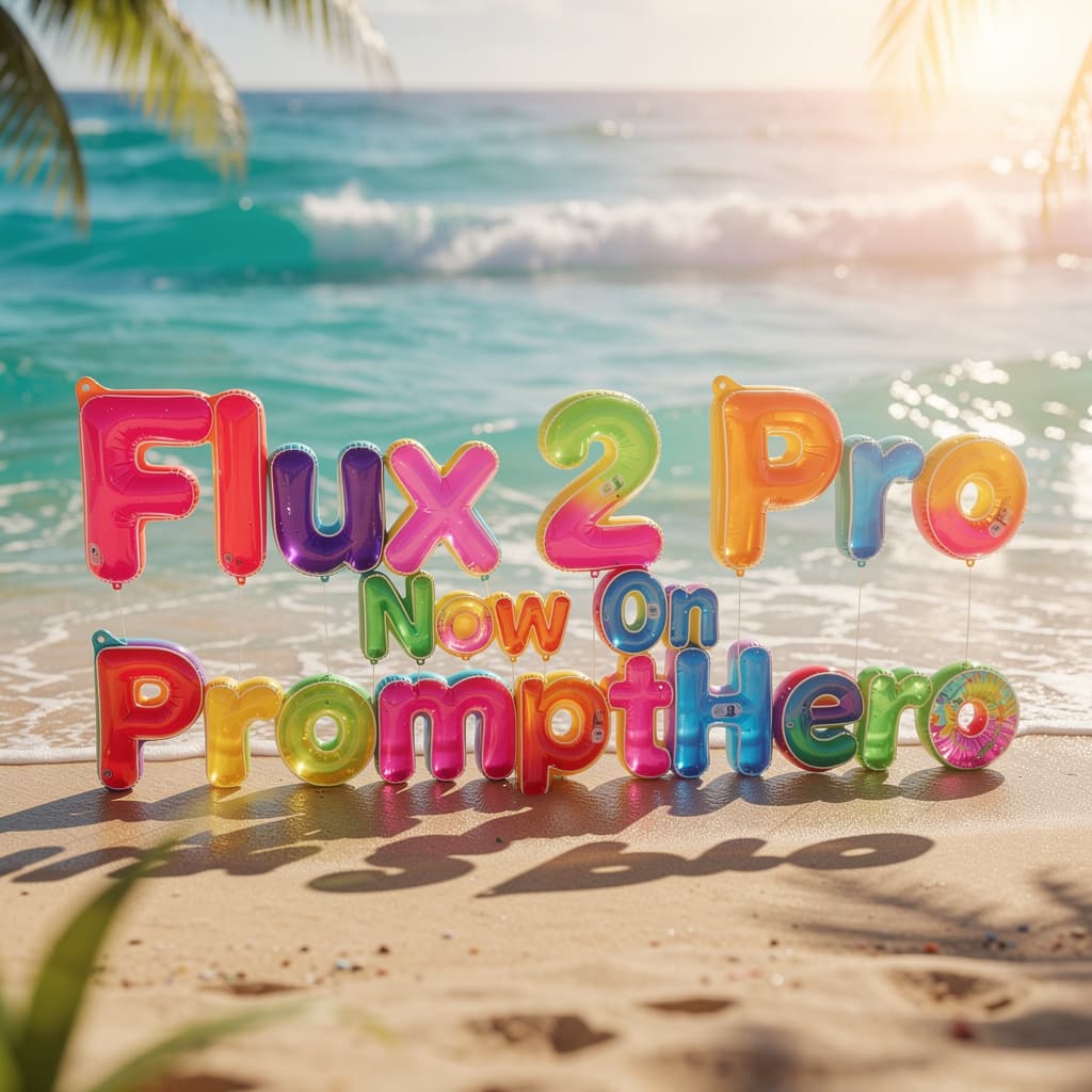 AI generated: Sunny beach scene featuring the text “Flux 2 Pro Now On PromptHero” created with large inflatable po...