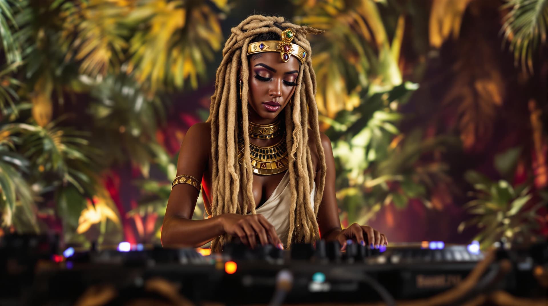 AI generated: A photo of a 25 year old a egypt queen with dirty blond dreadlocks, pharaoh clothes, natural, full b...