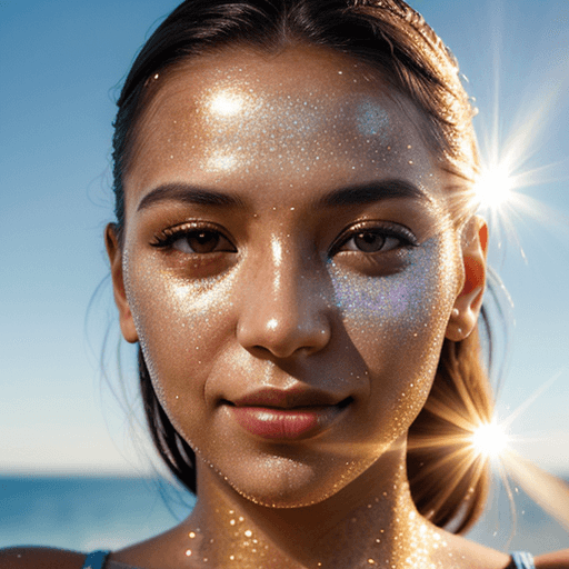 AI generated: close up portrait of woman looking towards the bright sun, glitter on her face, sun rays, glowy skin...