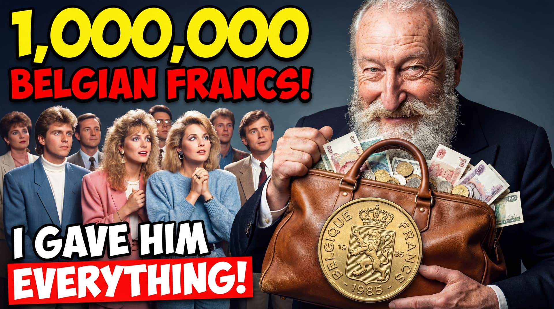 AI generated: extend picture and make him hold a big bag satchel of money with the Belgium franc logo shown on it ...