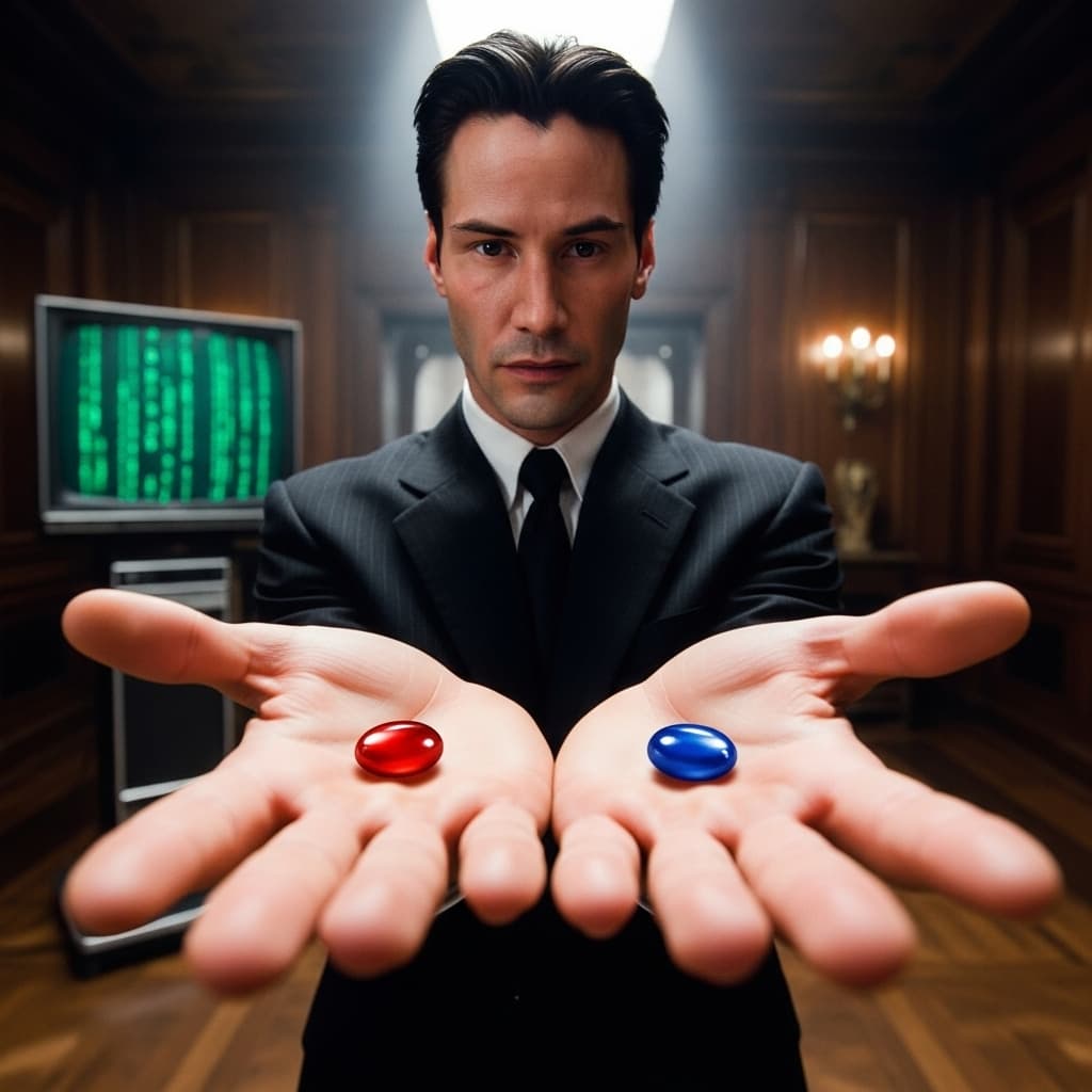 AI generated: Crea una imagen que recree la escena de la pelicula Matrix donde Morfeo le ofrece las pastillas roja...