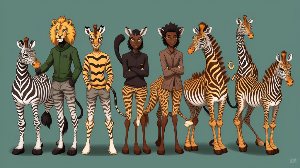 AI generated: cartoon animals like lion, zebra and giraffe are shown, in the style of cryptid academia, bamileke a...