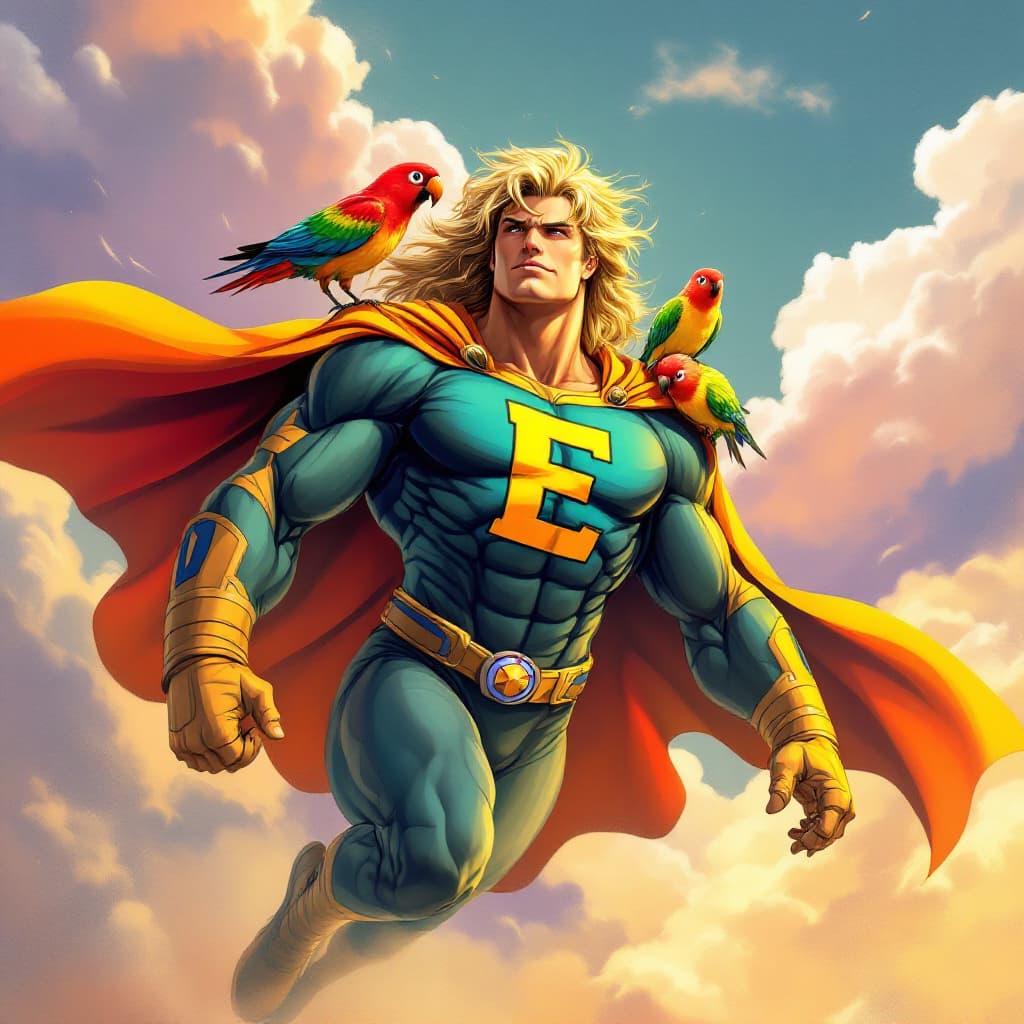 AI generated: A superhero who flies with a green cape, lots of muscles, and big capital letter E on his chest know...