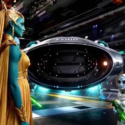 AI generated video: Inside a vast, dimly lit futuristic alien landing bay, a small group of blue-skinned alien figures s...