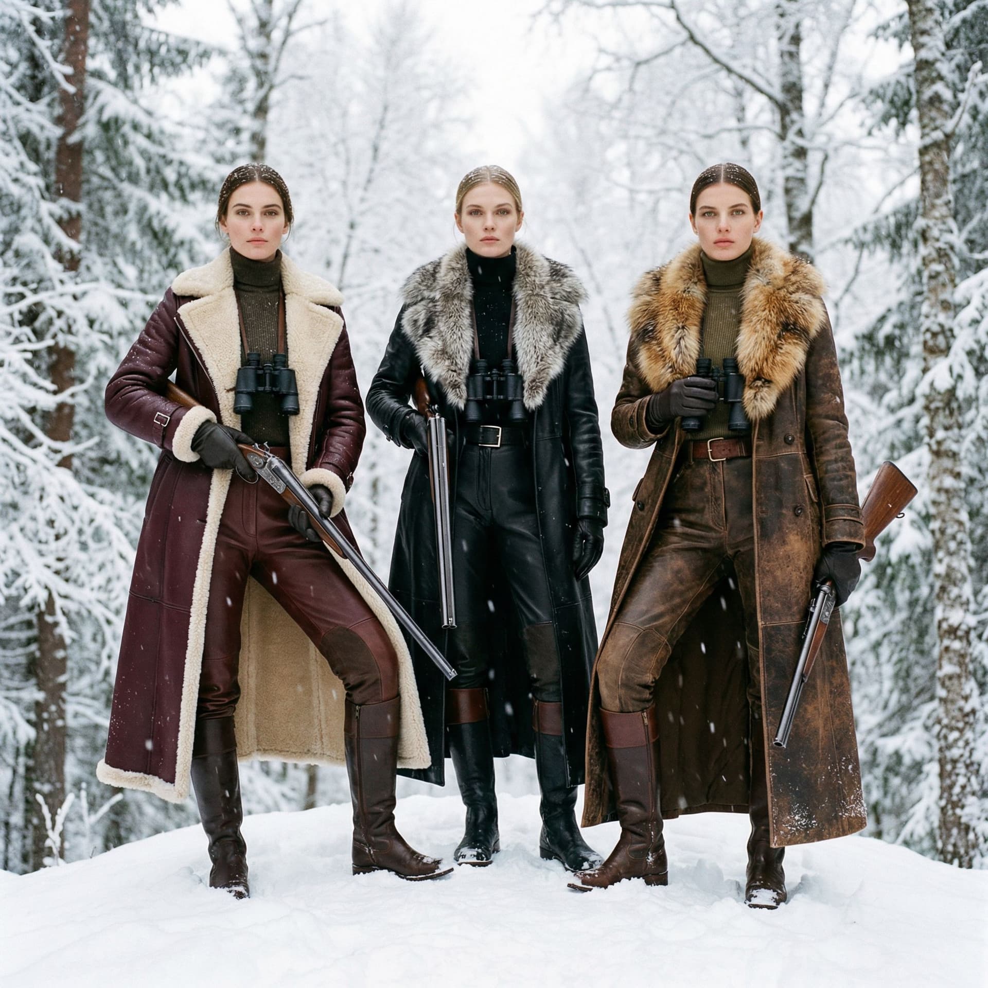 AI generated: Stylish modische 3 Dominante Jägerinnen ganz in Leder, Lederbrechess, auf der Jagd gerinnen ganz in ...