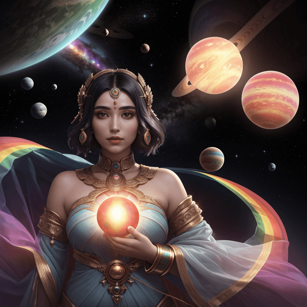 AI generated: ((the goddess in control of the planets)), superhuman being, omnipotent, in light form, rainbow-colo...