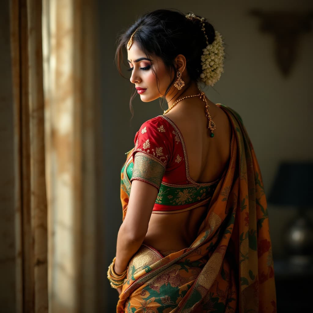 AI generated: young indian aunty in saree showing hip and back