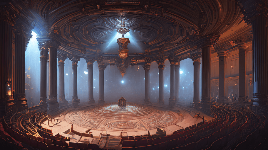 AI generated: victorian theater, pillars of film, lightboards, polygobal floor, by peter mohrbacher dan mumford cr...