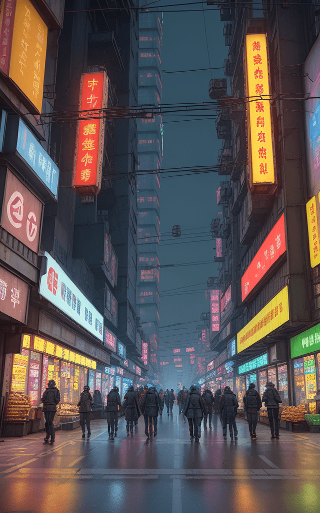 AI generated: 3D rendering of Chuangye Street, Cyberpunk-style city streets and buildings, street with luminous co...