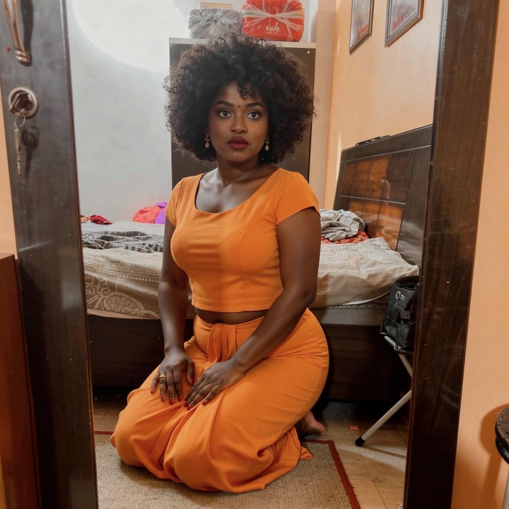 AI generated: kneeling woman, thick thighs, full lips, dark skin, curly afro, bare shoulders, natural light, bedro...