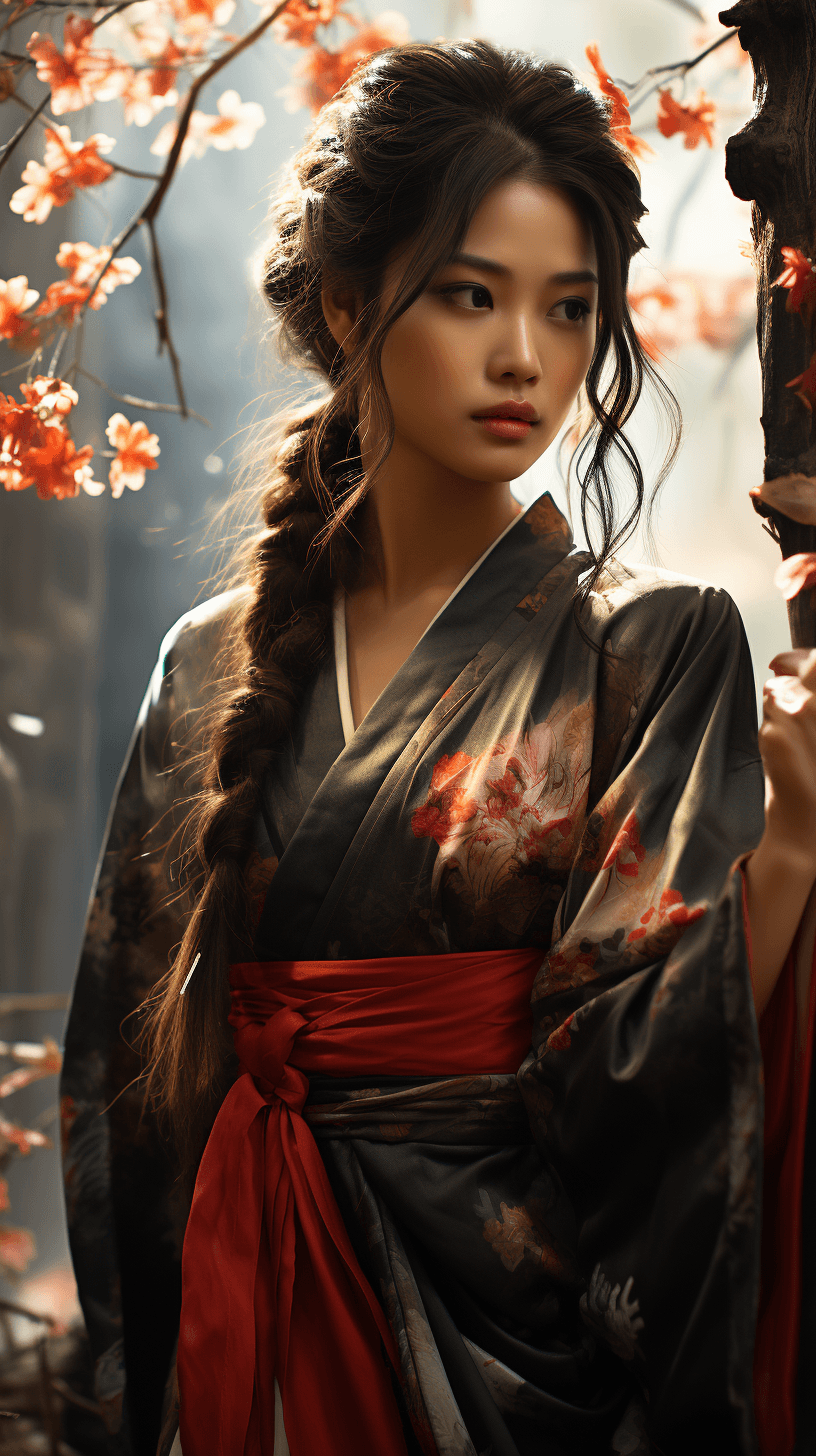 AI generated: an young asian woman in the forest in kimono, in the style of unreal engine 5, romantic illustration...