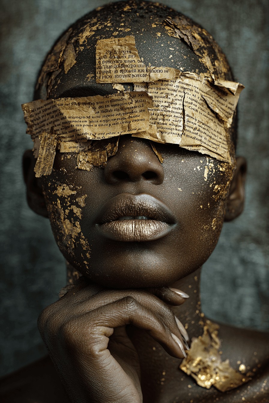 AI generated: Dark-skinned woman, mid-20s, close-up portrait,  with a thoughtful and contemplative expression.  He...