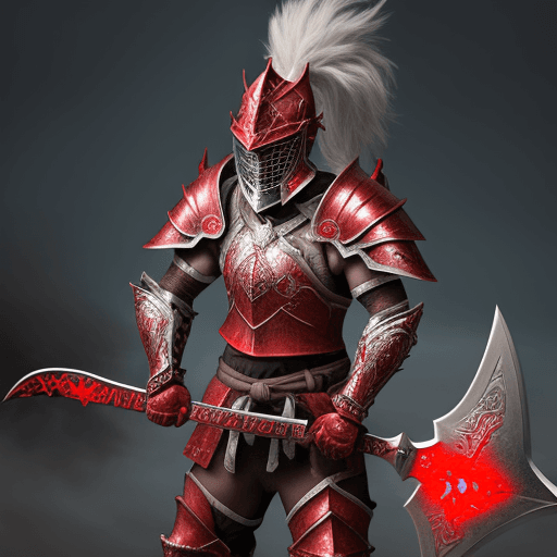 AI generated: warrior ,fantasy armor, axe wielder, red aura, heavenly armor, battle axe, engraved, 