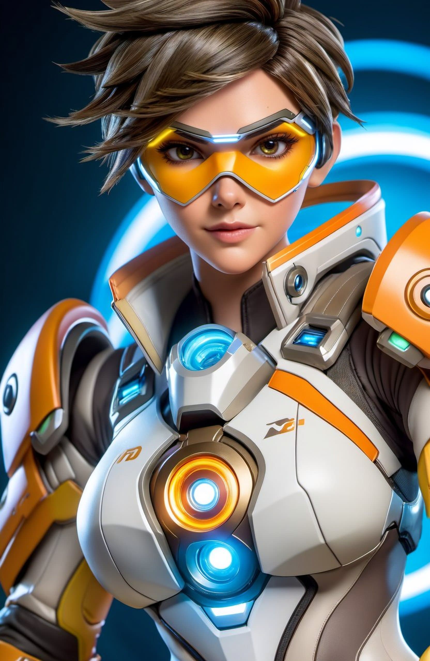 AI generated: action packed, Photography, (Tracer from Overwatch:1.2), full-length, realistic, (cheerful, energeti...