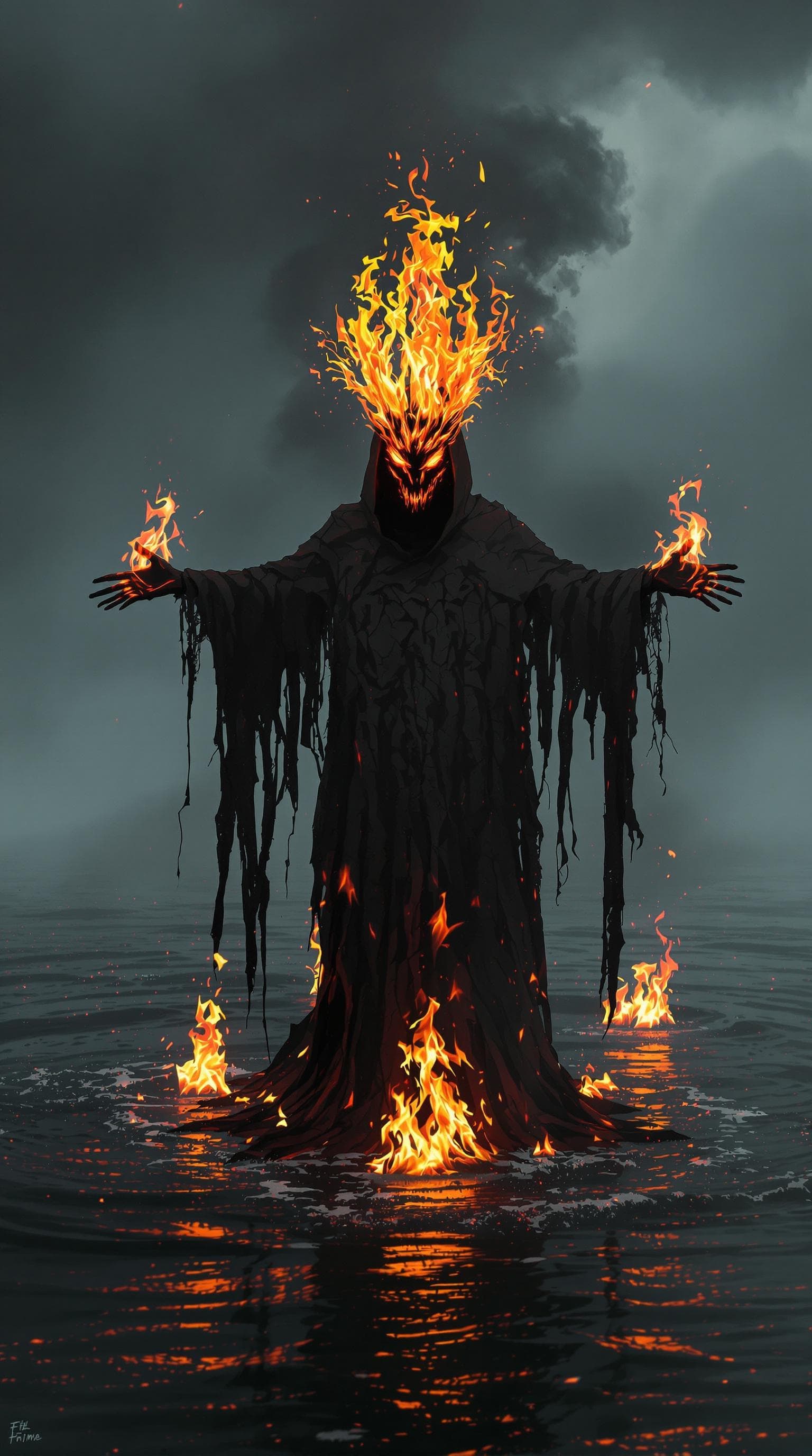 AI generated: full body photograph of an ethereal black mysterious devilish figure with crown made of fire, standi...