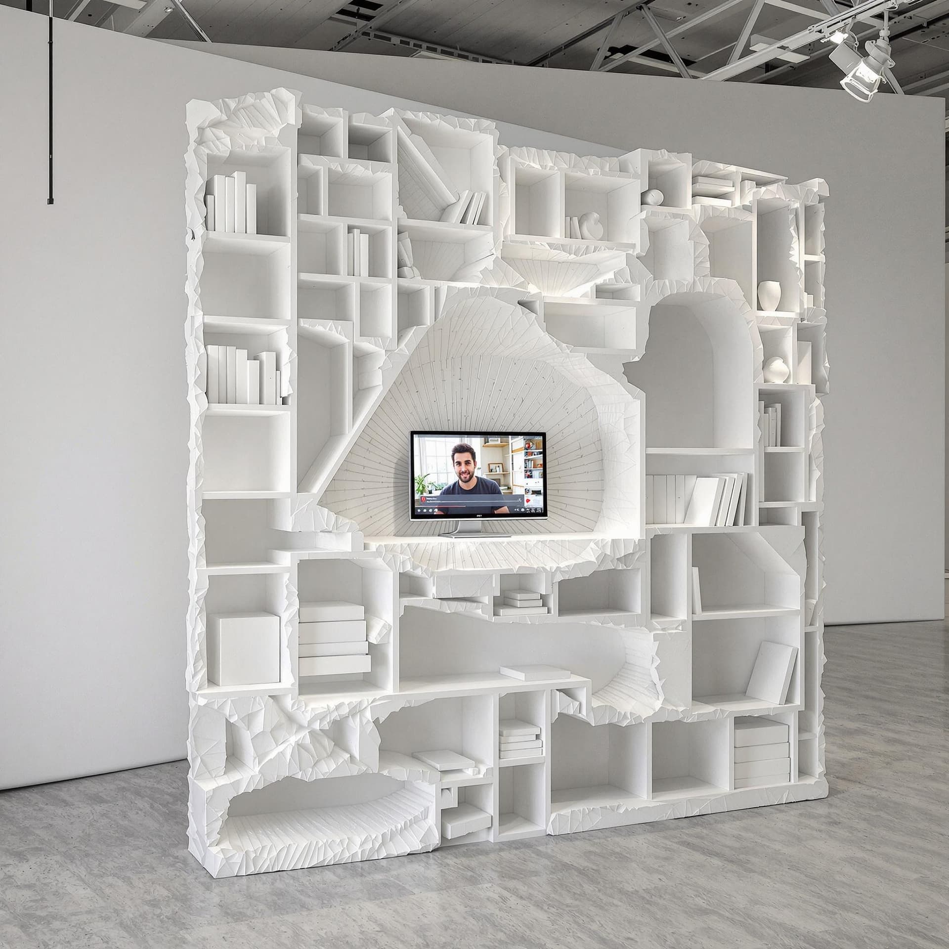 AI generated: generate plaster sculture based on a form of a bookshelf . enhace the texture of the plaster. The sh...