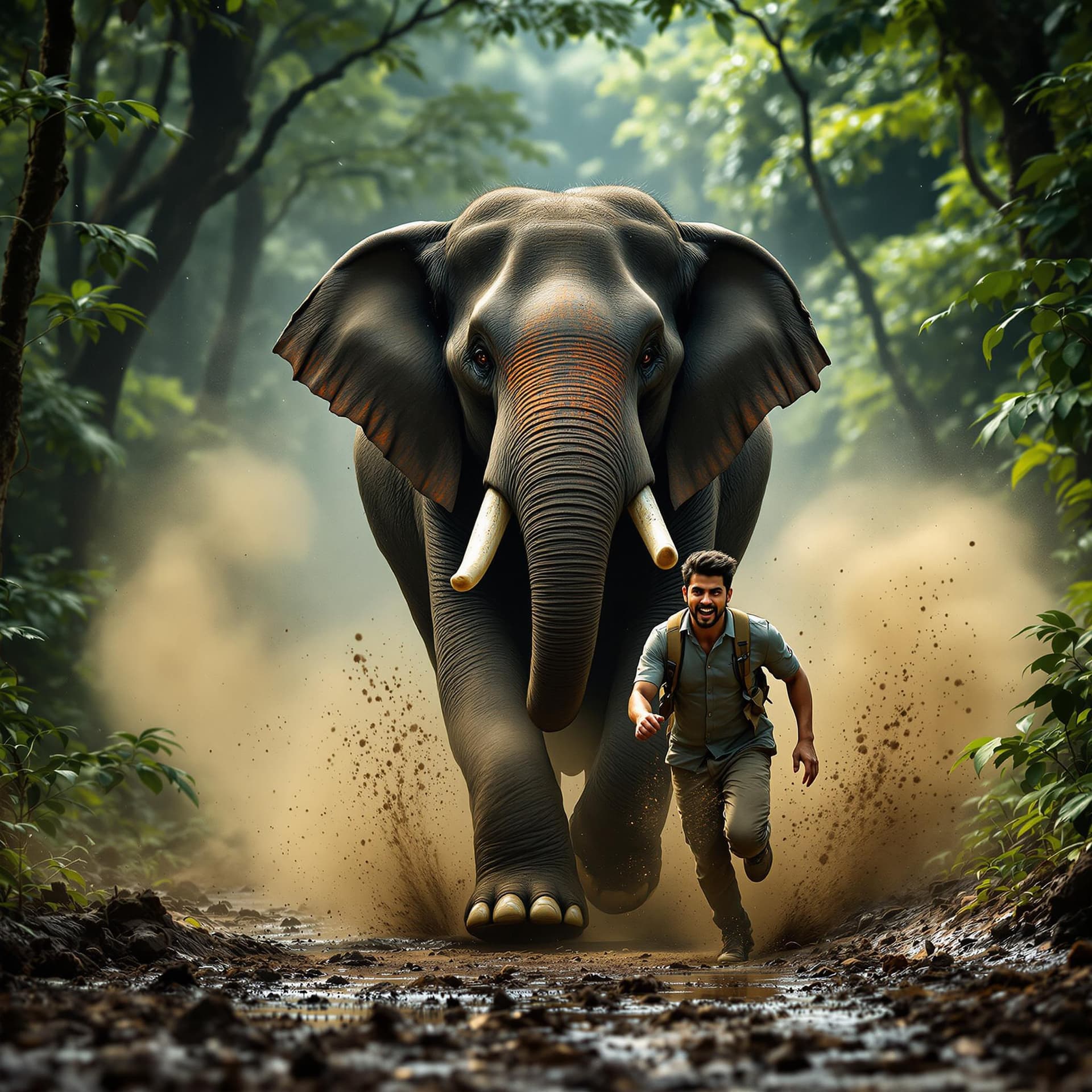 AI generated: Create a dramatic and dynamic image set in a deep Kerala forest, depicting an elephant running behin...
