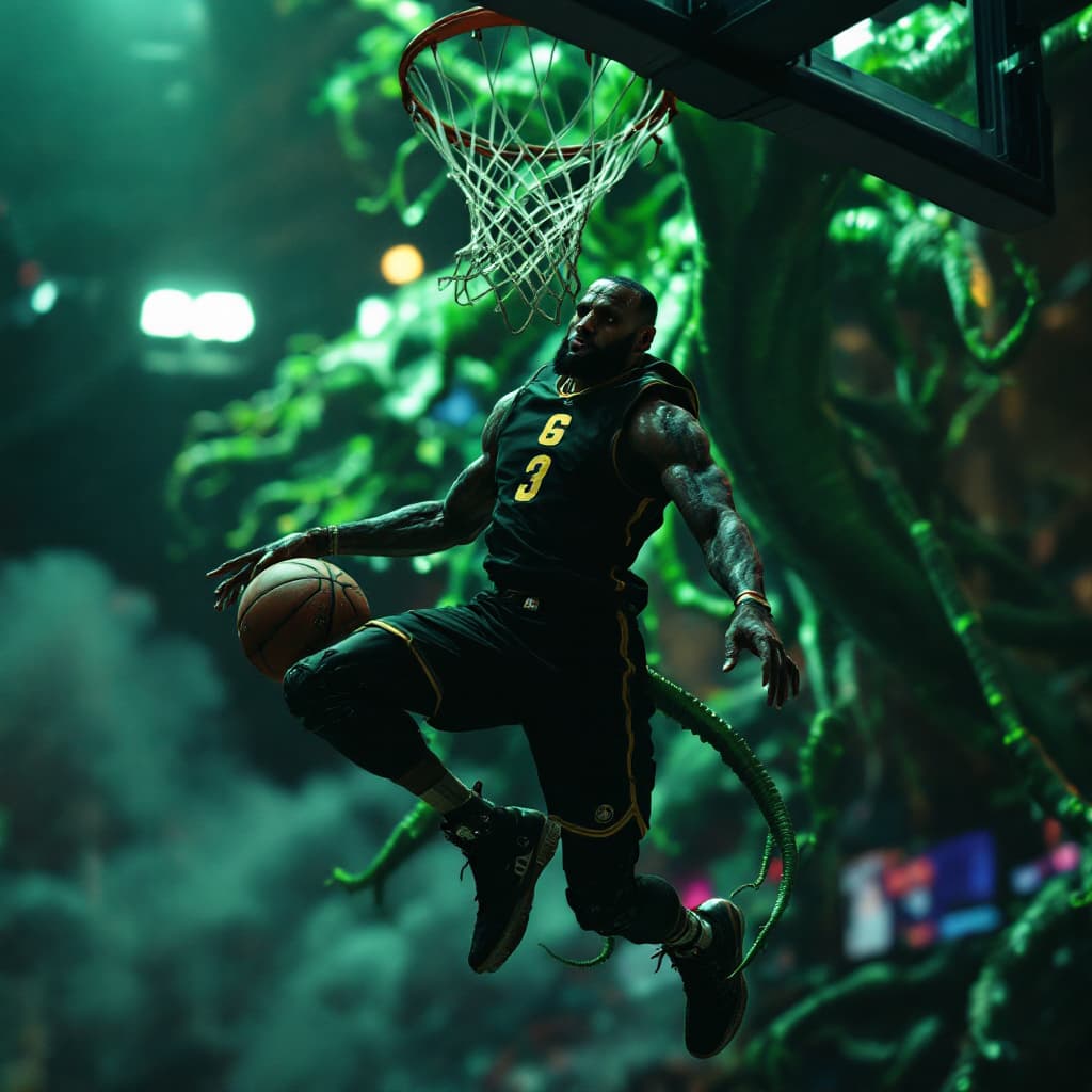 AI generated: lebron james dunking on a classic green alien, 8k, HD, nanites, volumetric lighting