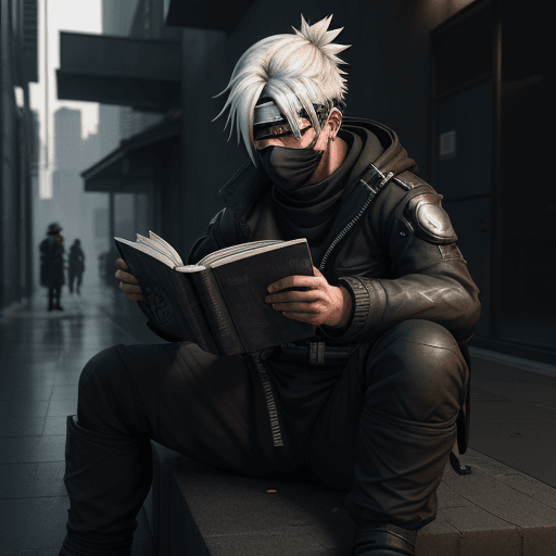 AI generated: Kakashi Sensei,reading a book,cyberpunk,light eyes,outside,street,sitting,hyperrealism,photorealisti...