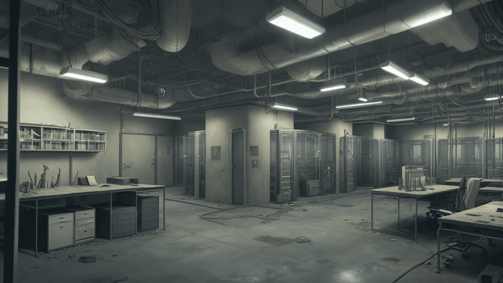 AI generated: A secret laboratory with test tubes, offices, chemicals, wariors with shields exploring the place