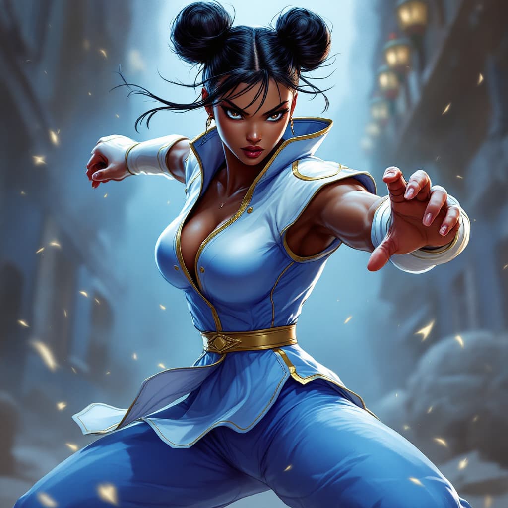 AI generated: Dark skin, Chun-Li, Street Fighter, blue and white outfit with gold trim, action scene fighting pose...