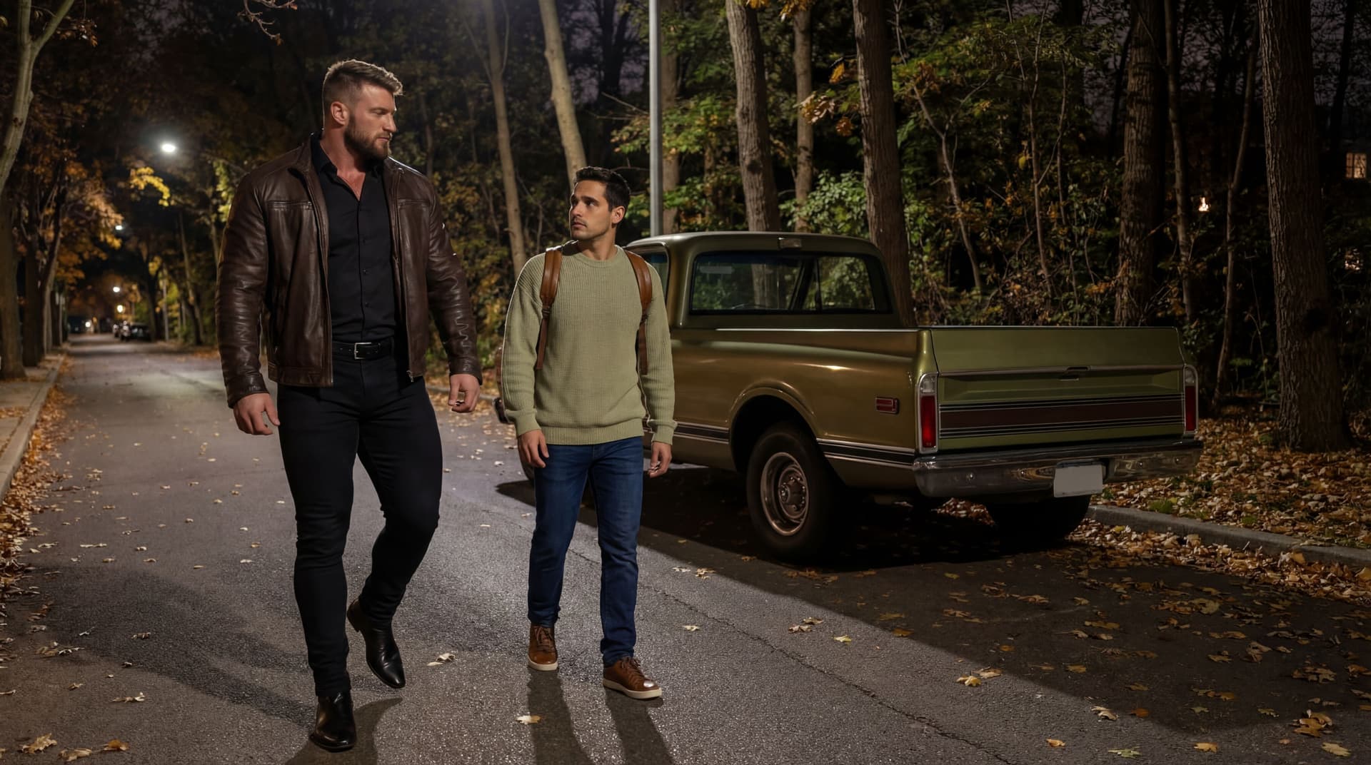 AI generated: At an Autumn night, on the street, next to a wooden area. The bodybuilder and the Hispanic guy are w...