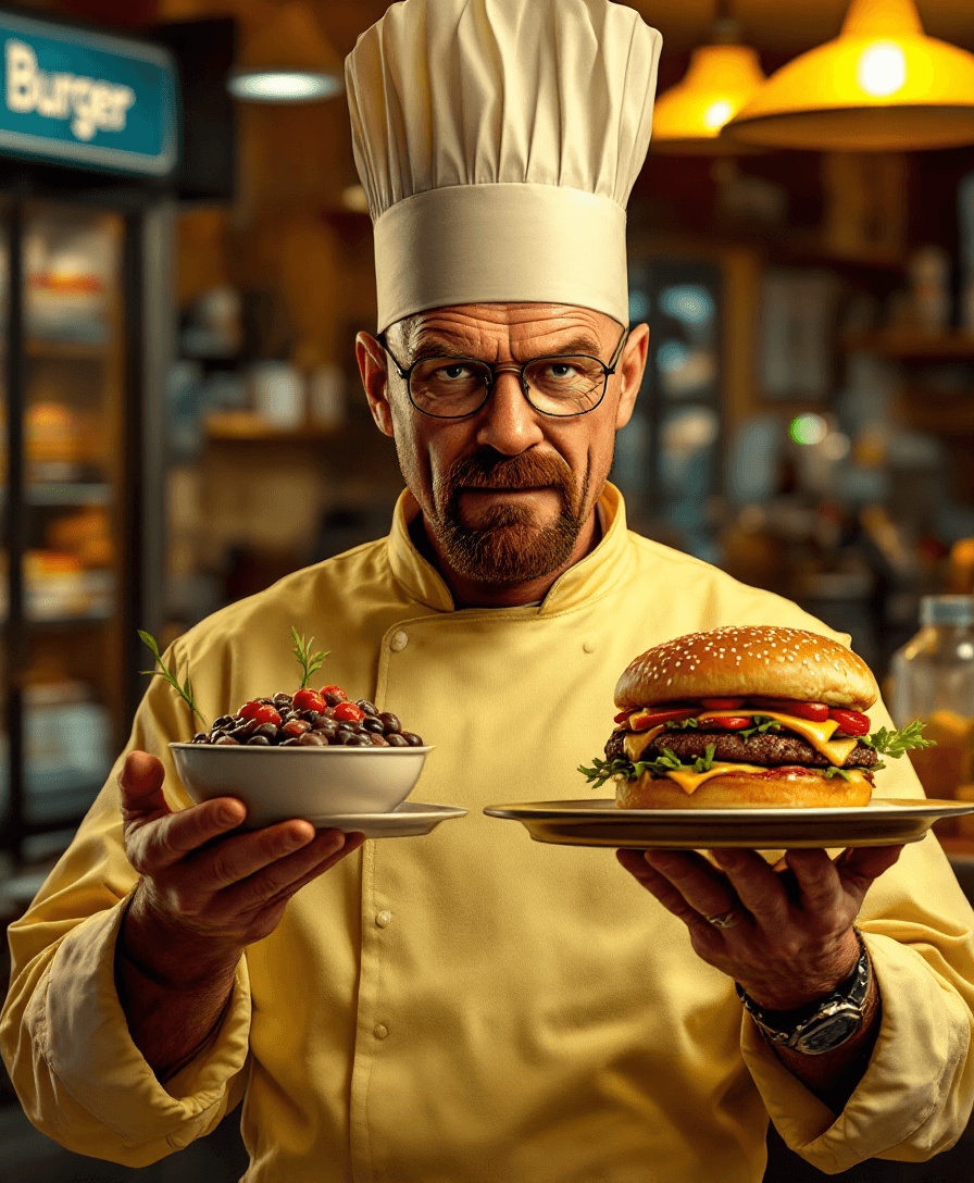 AI generated: (Photorealistic) Walter White from Breaking Bad, with the text "Ricardinho Burger" in the same style...