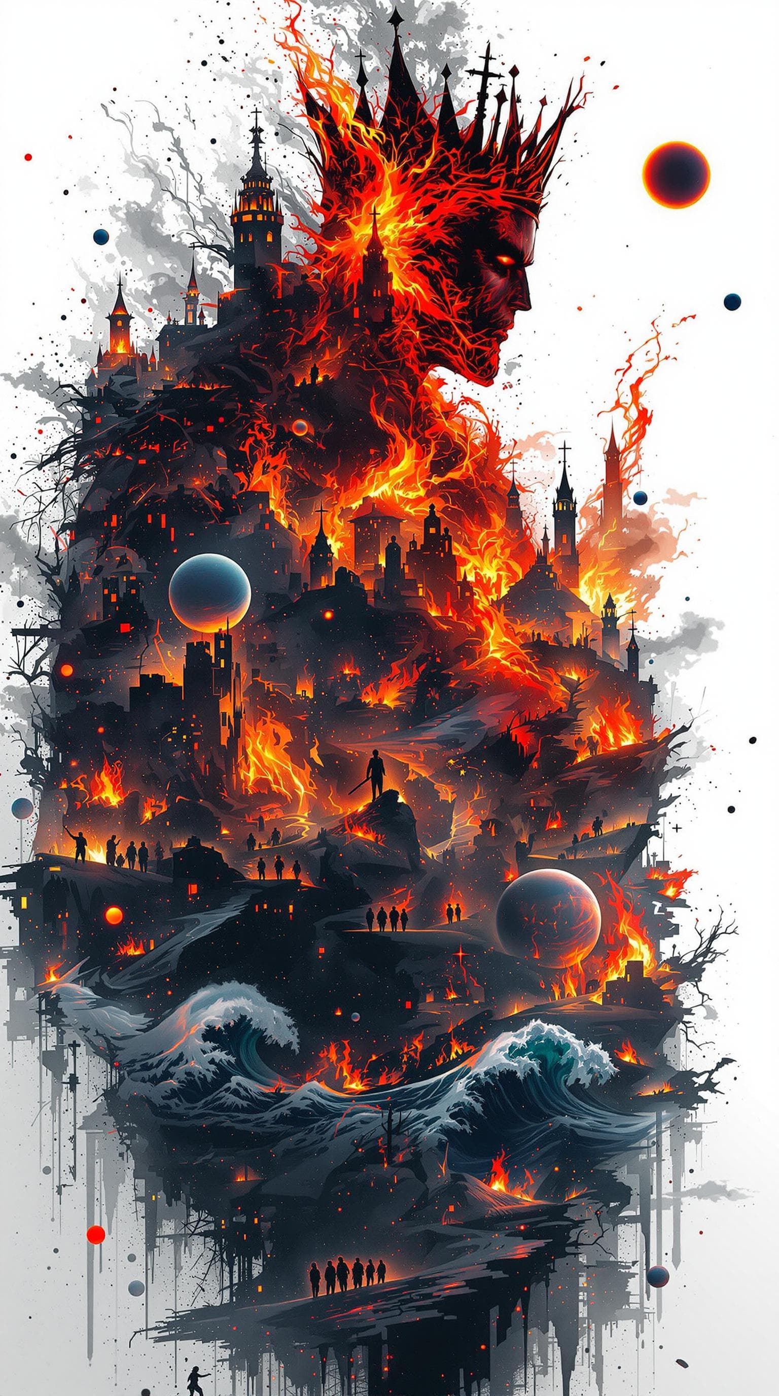AI generated: A breath taking double exposure illustration featuring a sinister silhouette of a corrupt king with ...