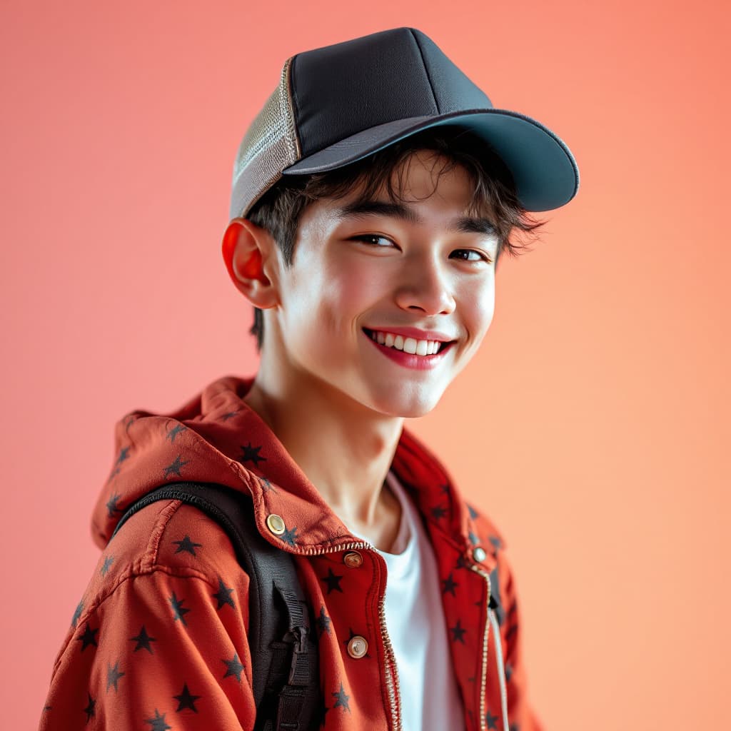 AI generated: High resolution photography Adolescent Boy, 22 years old, wearing a hat, always smile,Looking smart,...