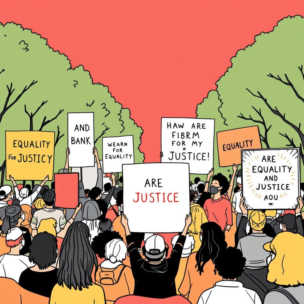 AI generated: 20240728153957list 2 linework illustration of a community rally with people holding 6 big posters ad...