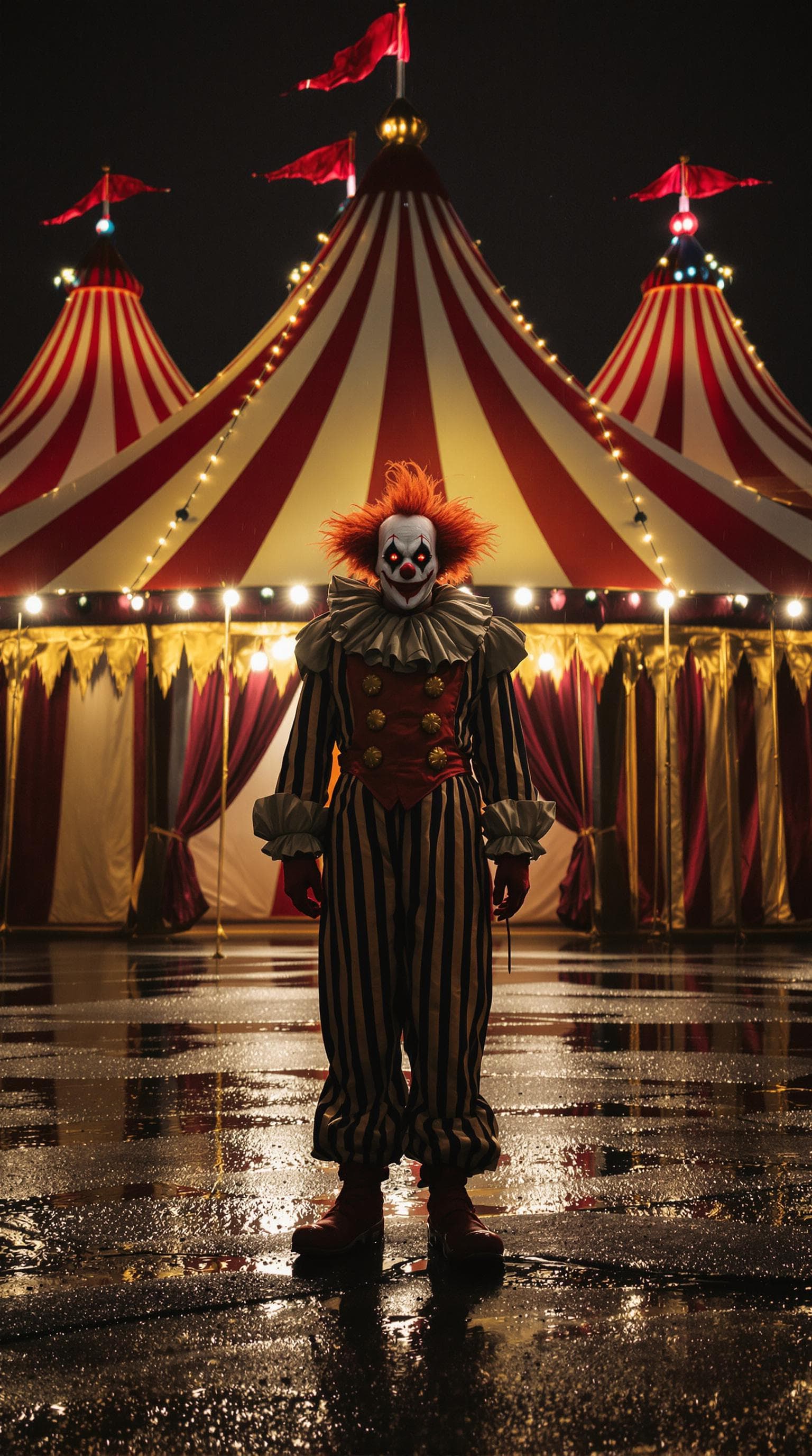 AI generated: A evil clown standing in front of the circus tent at night, highres, realistic photo, professional p...