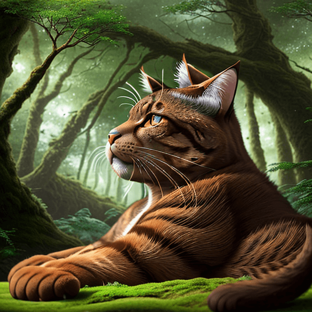 AI generated: side view of a nice, wise, giant brown cat resting in a prehistoric forest,  side view, 8k