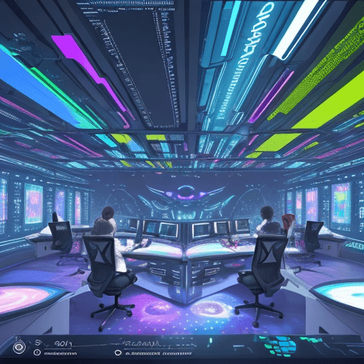 AI generated: A futuristic digital artwork featuring a collaborative workspace with multiple individuals working t...