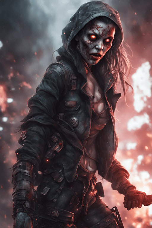 AI generated: lightning fire,smoke,Epic Scene with a female  zombie Soldier,glowing,misty, uhd photorealisitc auth...