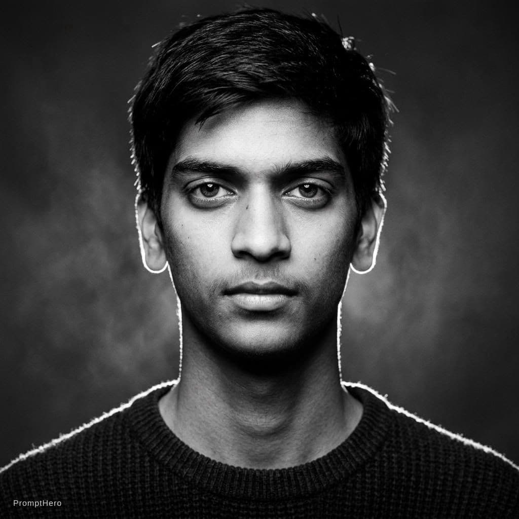 AI generated: black and white photography, fashion editorial, a close up portrait of darkhaired beautiful boy is s...