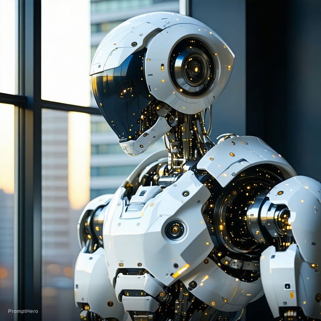 AI generated: Robot standing in front of the window, sitting robot close-up, human-faced robot, close-up humanoid ...