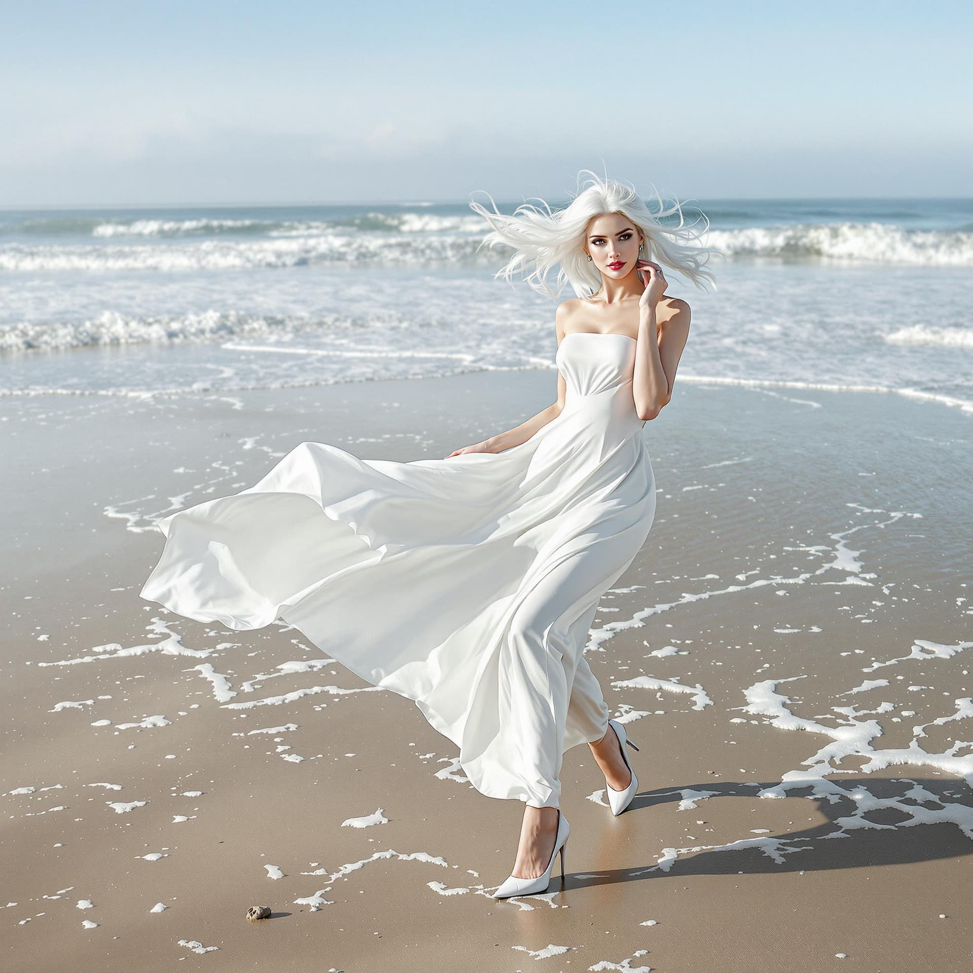 AI generated: ultra realistic,Woman,Caucasian, snowed beach,white hair,wearing a white dress,and high heels,