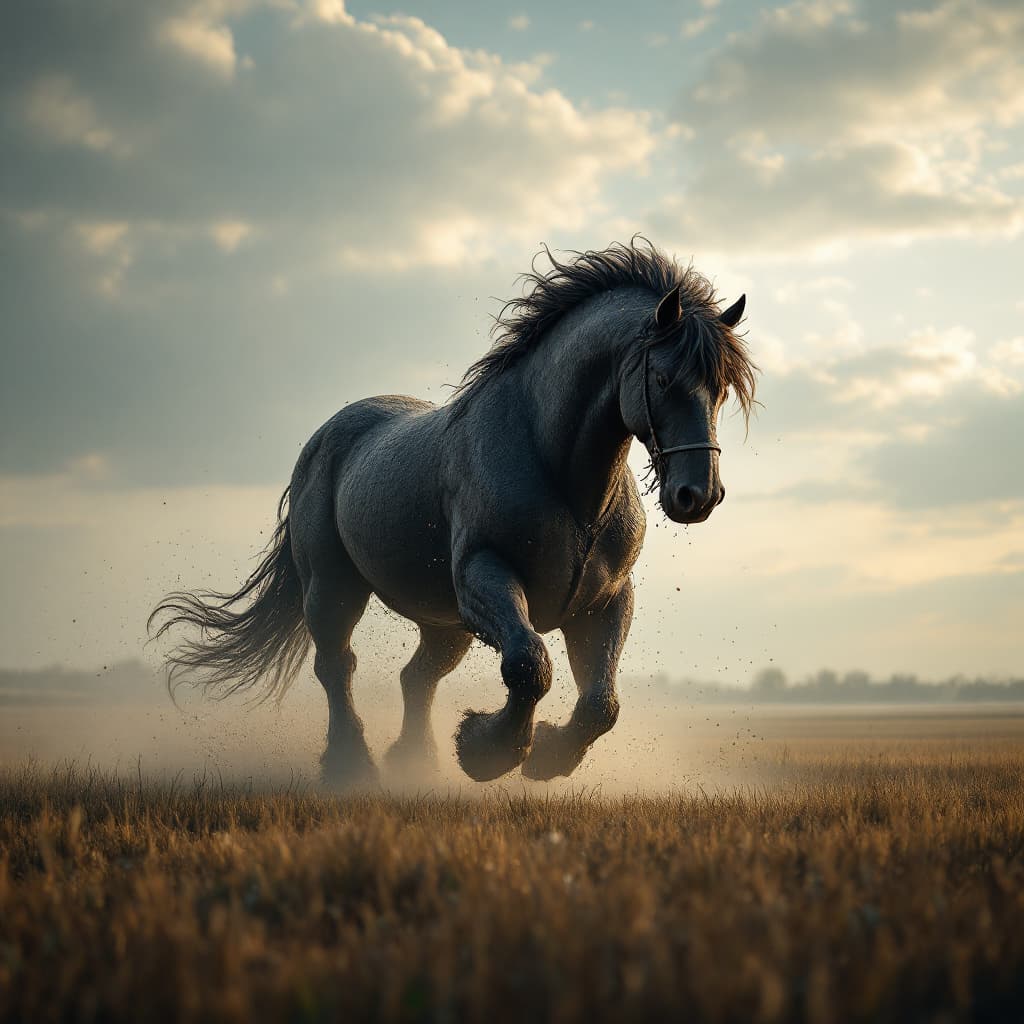 AI generated: Create an image of a massive Percheron working in the field