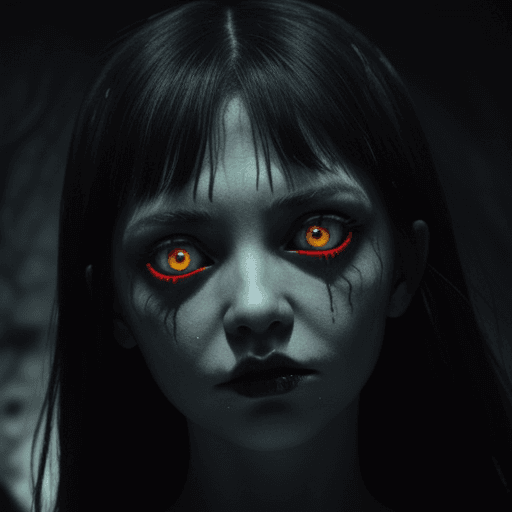 AI generated: village of the damned, girl with spooky glowing eyes closeup, 