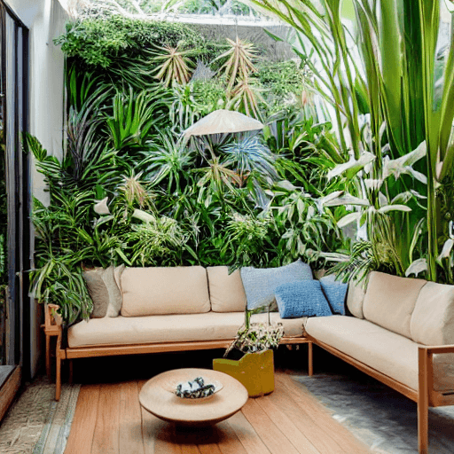 AI generated: high resolution photography interior design, without wall, absolutely open and blended with the gard...