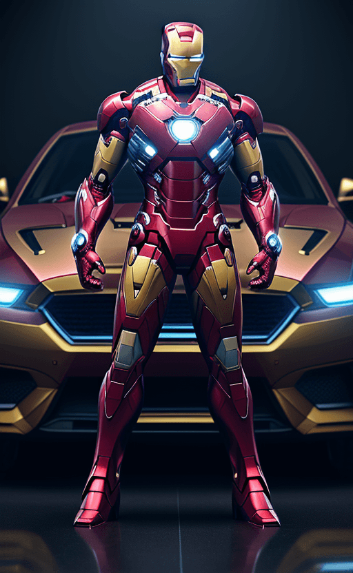 AI generated: car superheros with the design and character of iron man The Car superheros  is gold and blue dark, ...