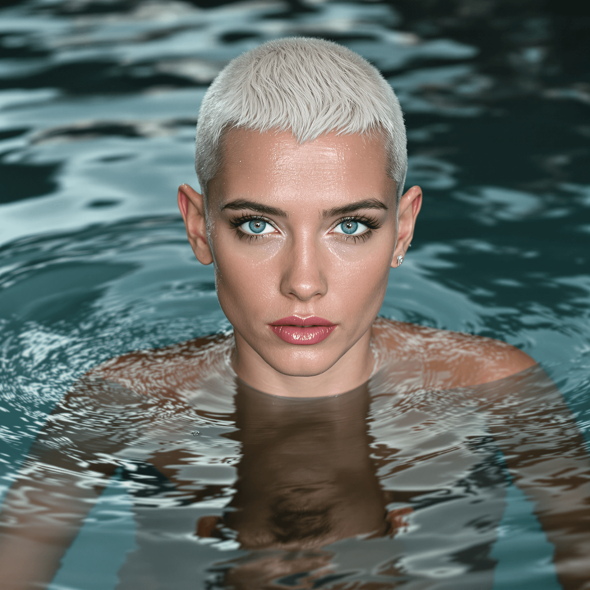 AI generated: A captivating, high-resolution photograph of a graceful, young, and slender woman with a striking wh...