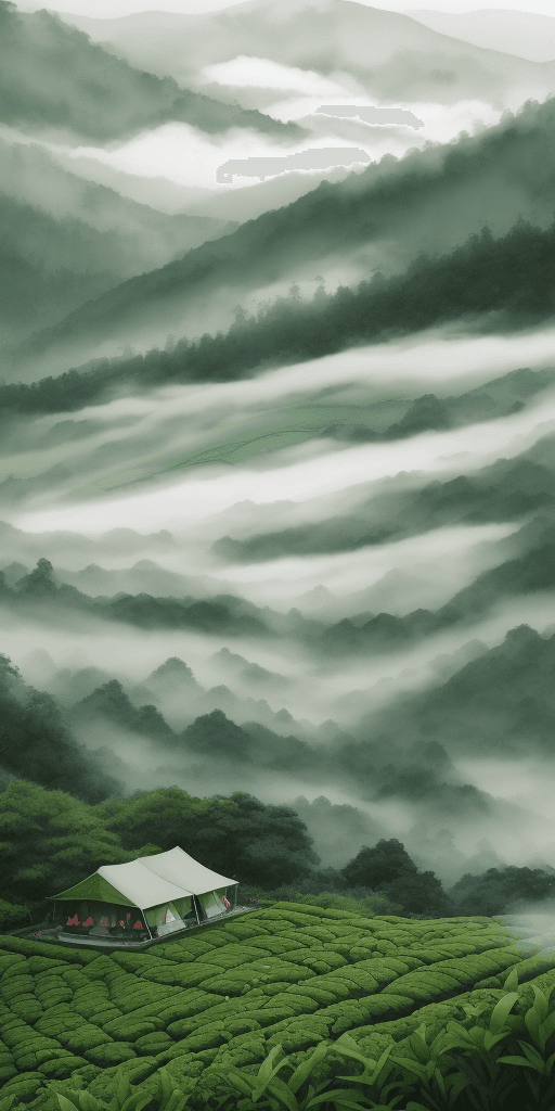AI generated: /imagine prompt: Camping in an enchanting tea plantation shrouded in mist, tents nestled amid vibran...