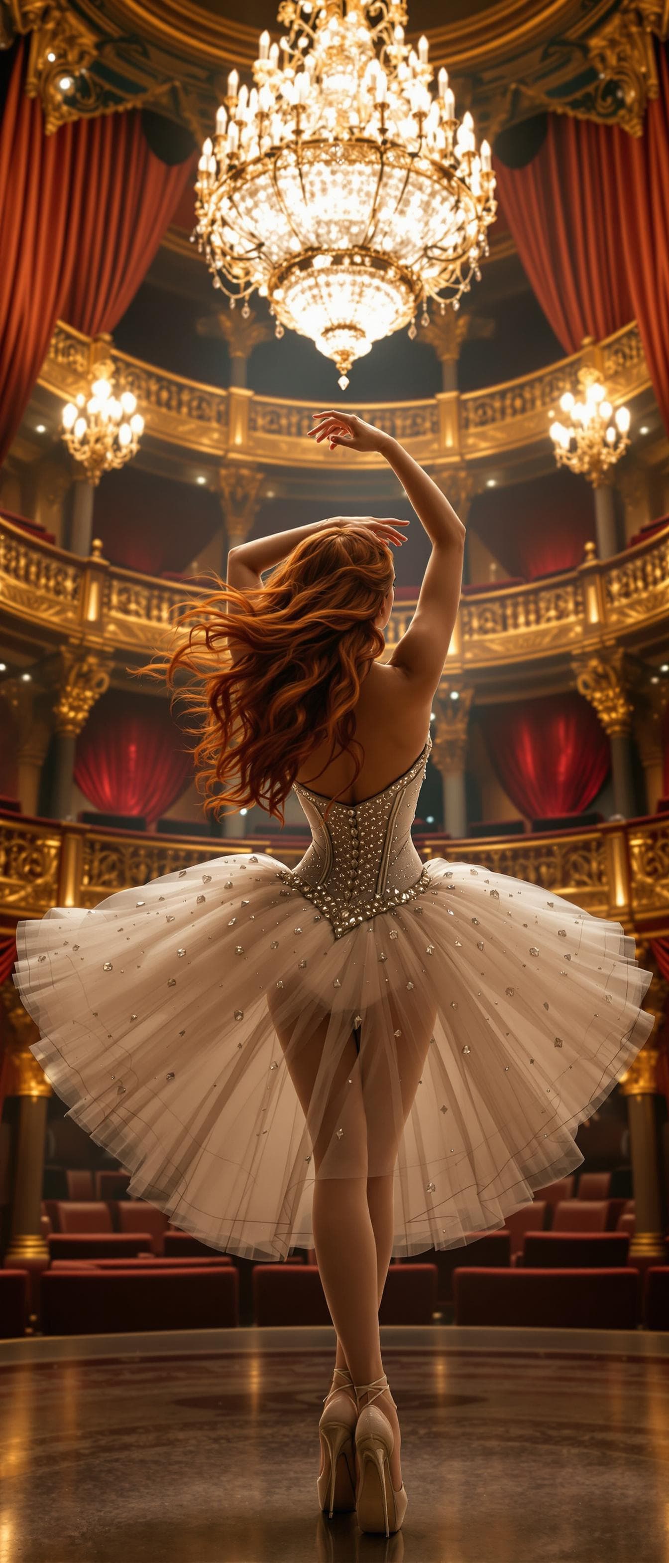 AI generated: A mesmerizing curvy ballet dancer with long, flowing auburn hair, dressed in a glamorous, custom-mad...