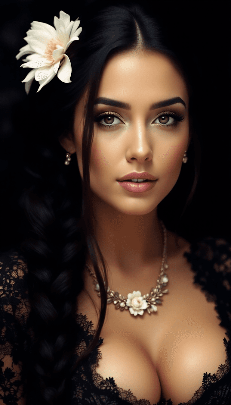 AI generated: A woman with long, dark hair styled in a braid, adorned with a white flower in her hair. She is wear...