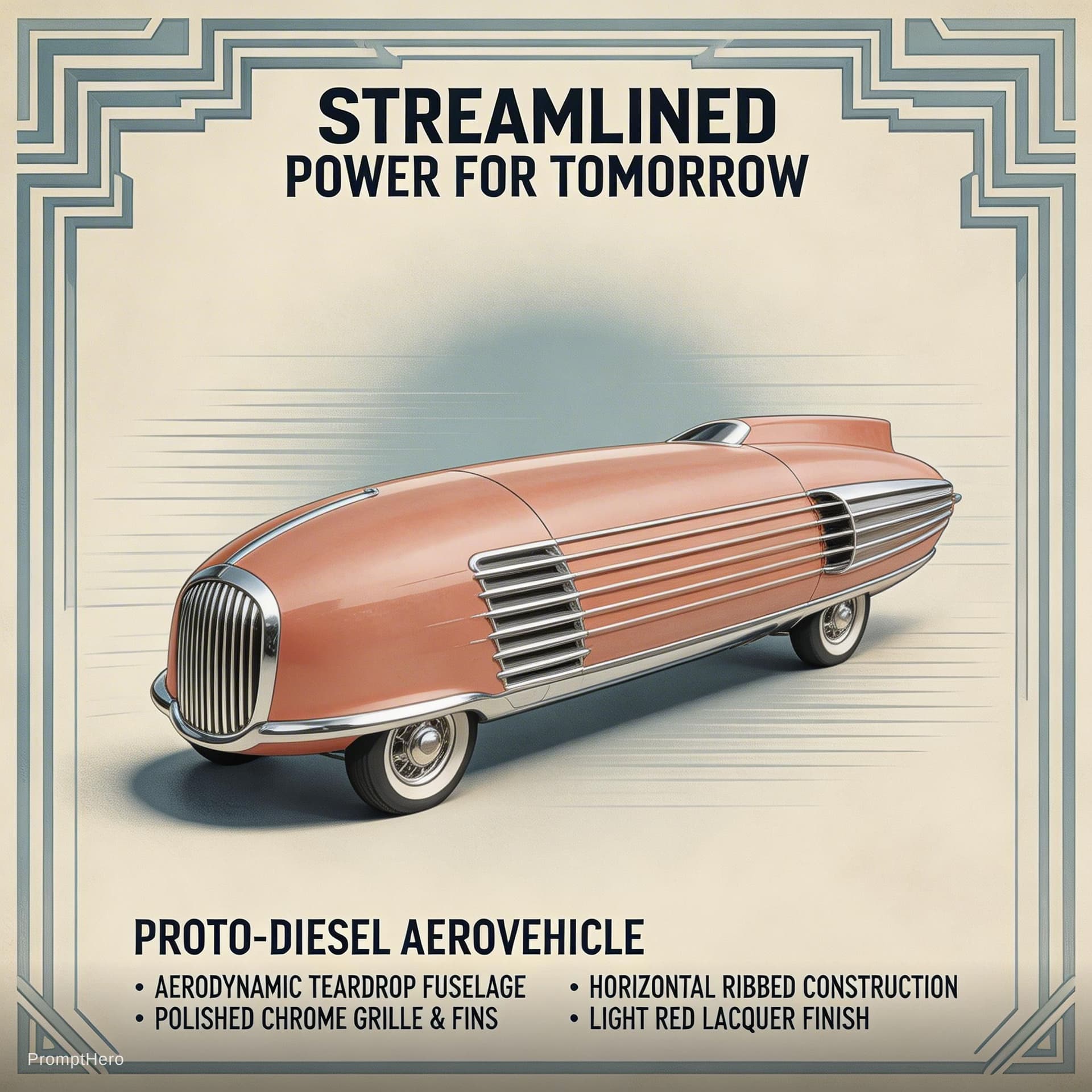 AI generated: A 1930s Streamline Moderne exhibition display panel presenting a proto-diesel aircraft-vehicle as a ...