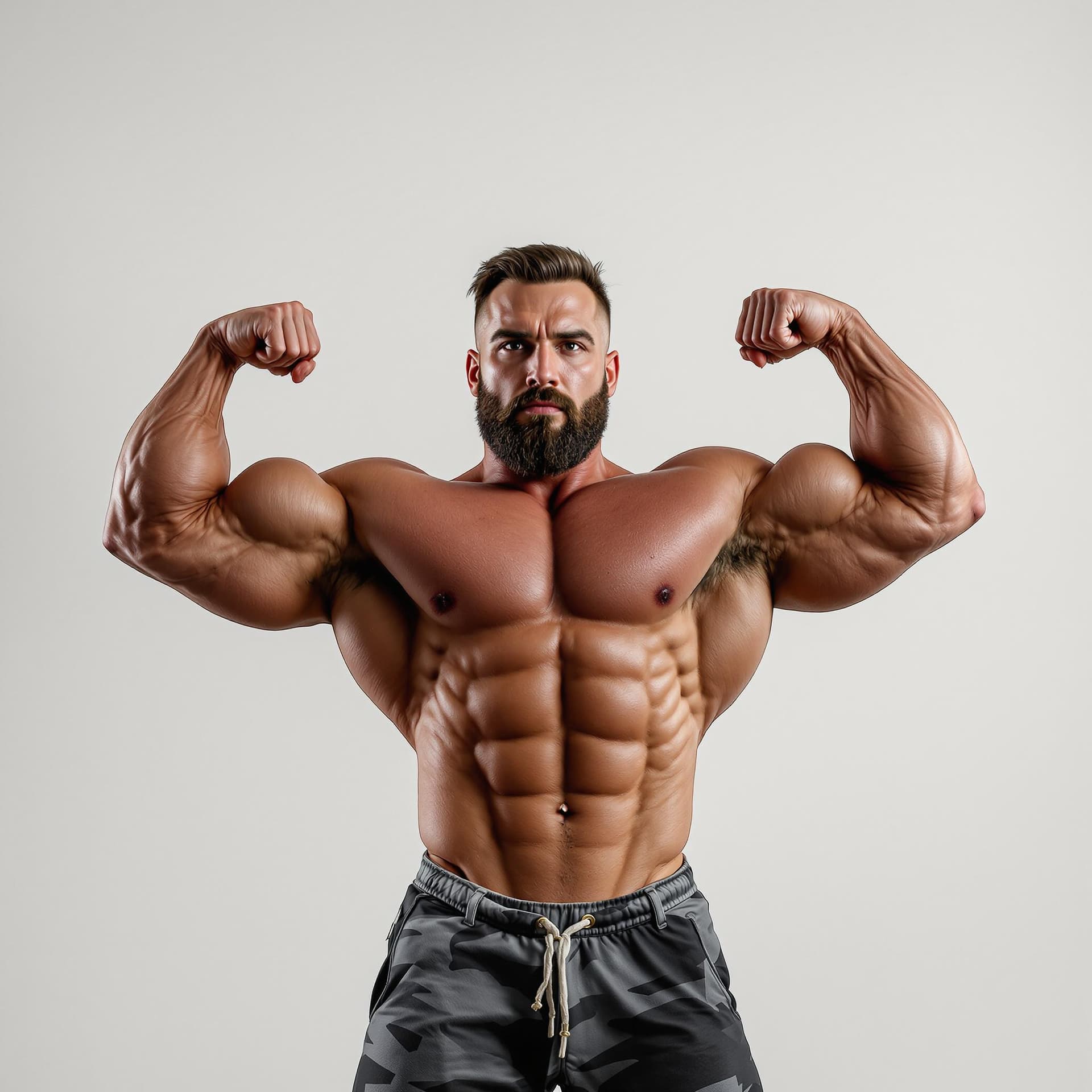 AI generated: full view of bodybuilder standing in hercules pose while looking at the camera