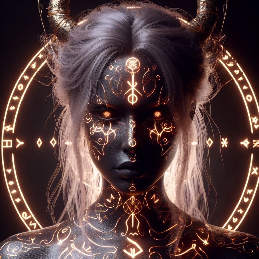AI generated: A runic witch with runes and glowing engraved runic voodo symbols with elegant realistic skin featur...