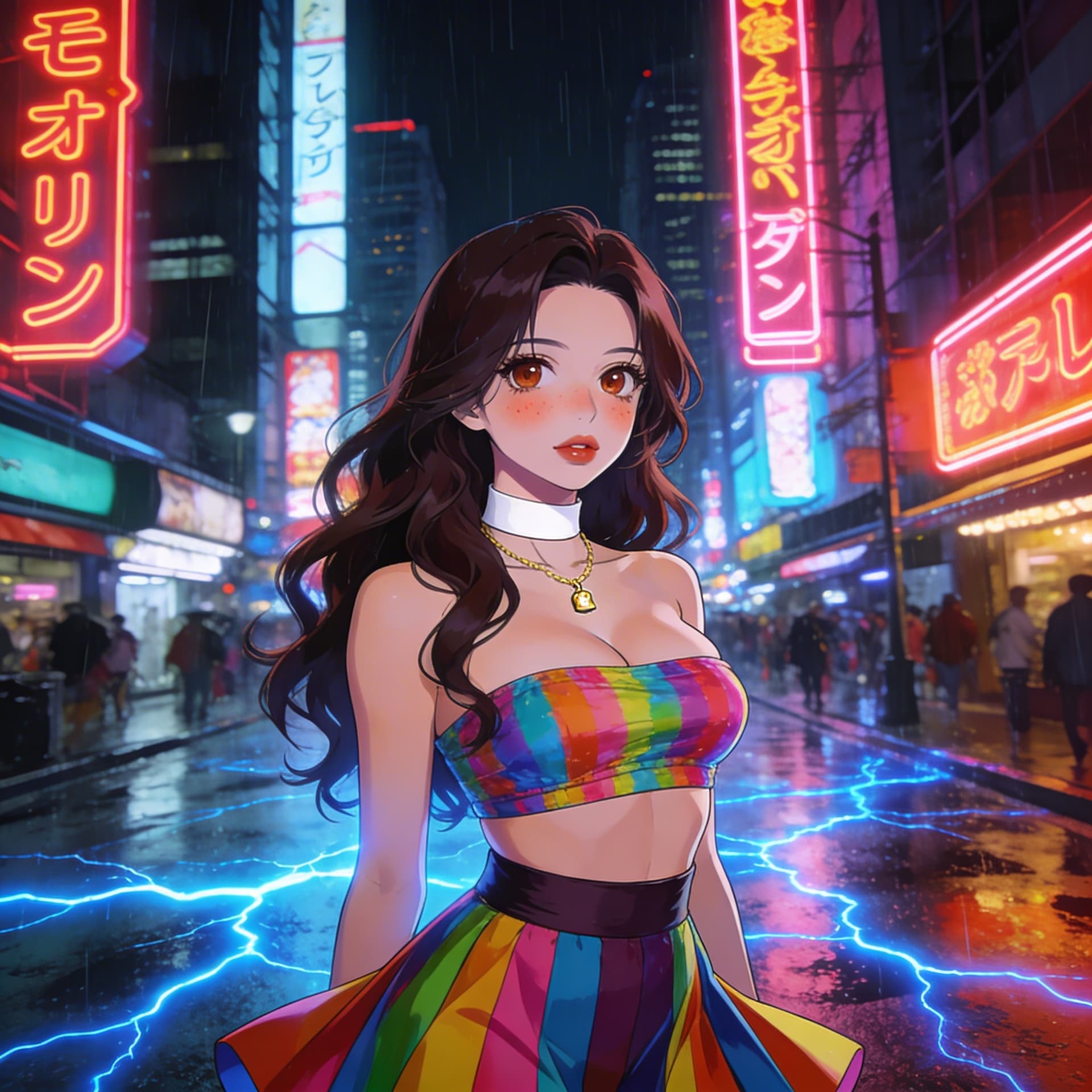 AI generated: <lora:-Omnious-:1.0>a highly detailed digital illustration depicting neon-lit cityscape at night, th...